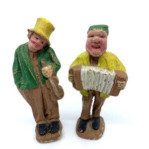 Pair of Vintage Chalkware Folk Art Musician Figurines Violin Accordion 6.5” Tall